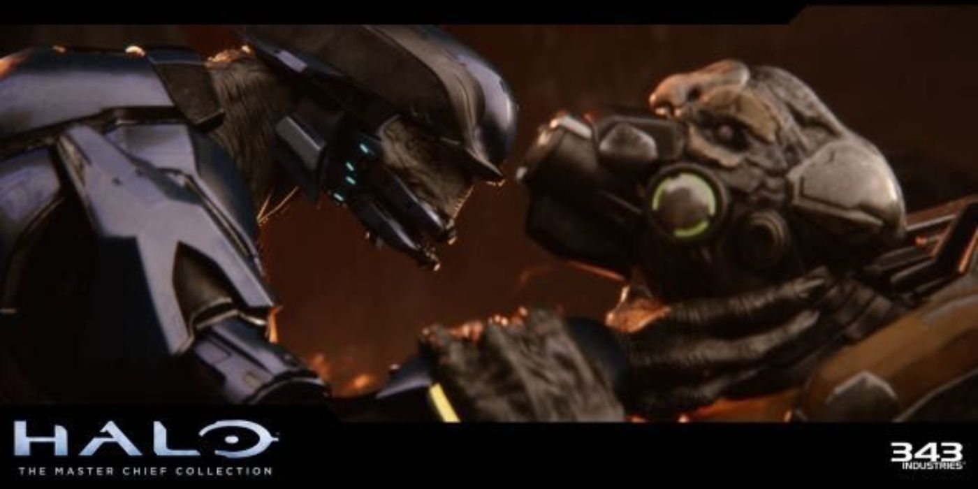 An elite chokes a grunt in Halo MCC screenshot
