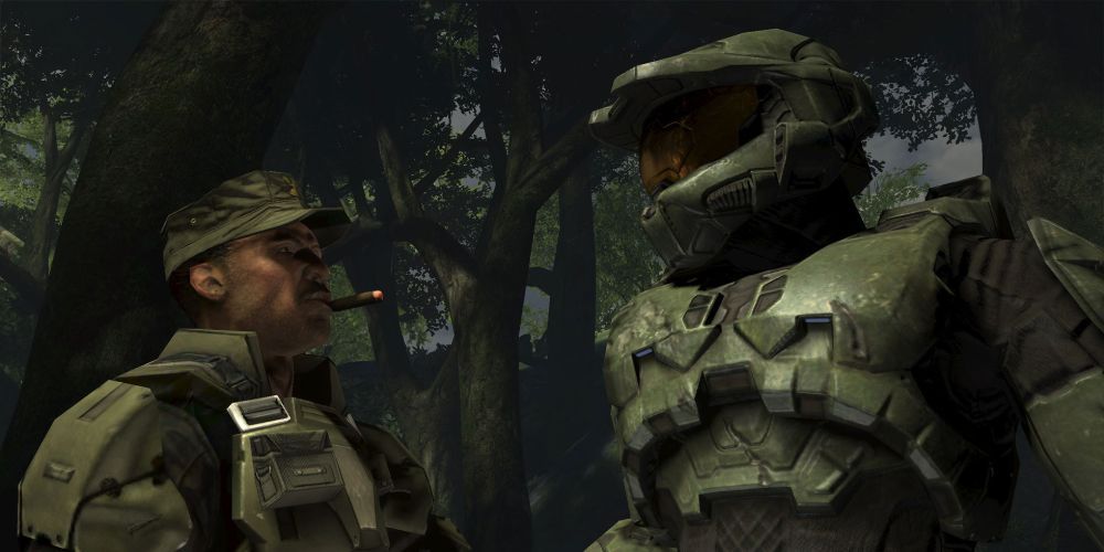 Master Chief and Sergeant Johnson stare each other down.