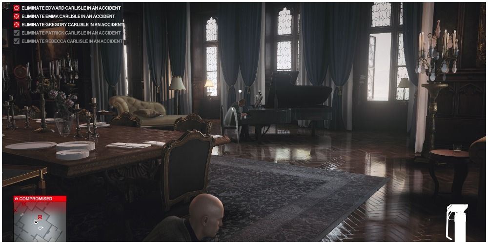 Hitman 3 Baskerville Barney Level Two Tossing An Emetic Grenade At Edward