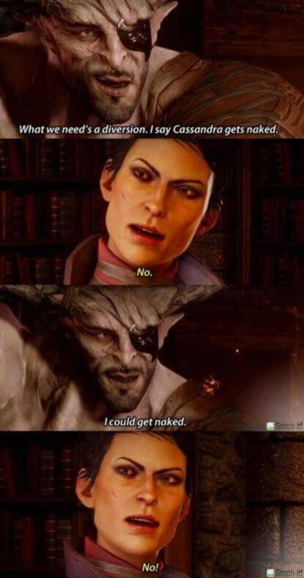 Iron Bull asking Cassandra to undress