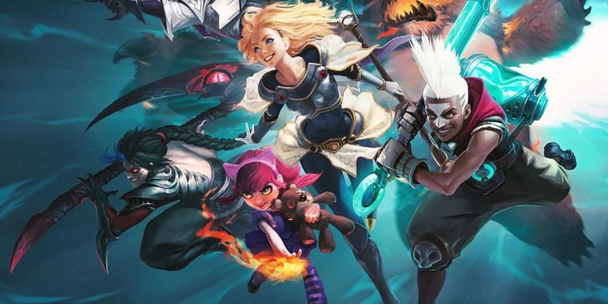 Various champion of League of Legends flying into combat