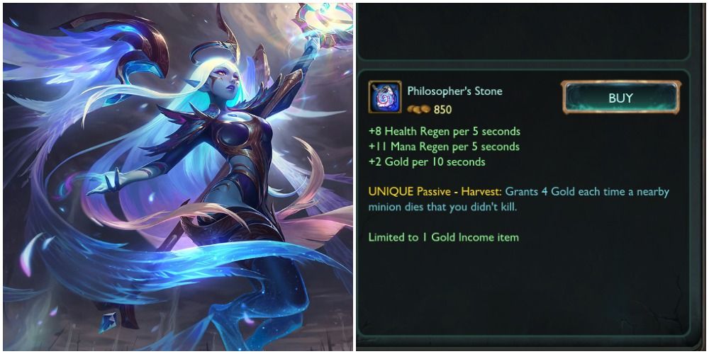 Soraka in a legendary skin with a philosopher's stone description