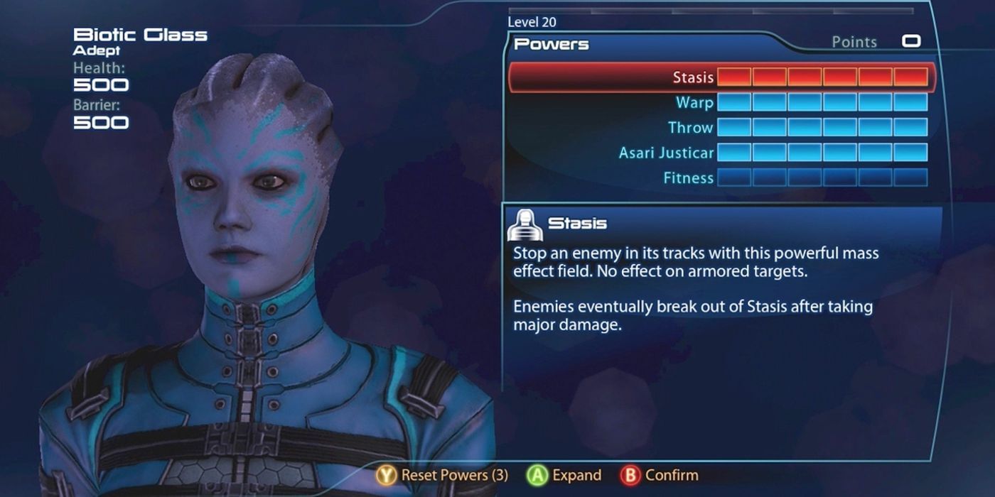 An asari adept's character screen in ME3's multiplayer