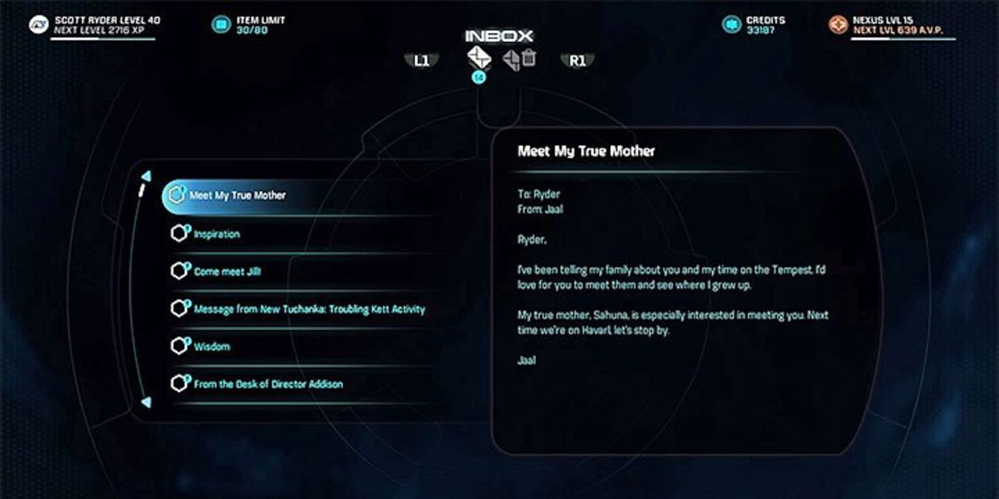 A full message inbox in Mass Effect: Andromeda