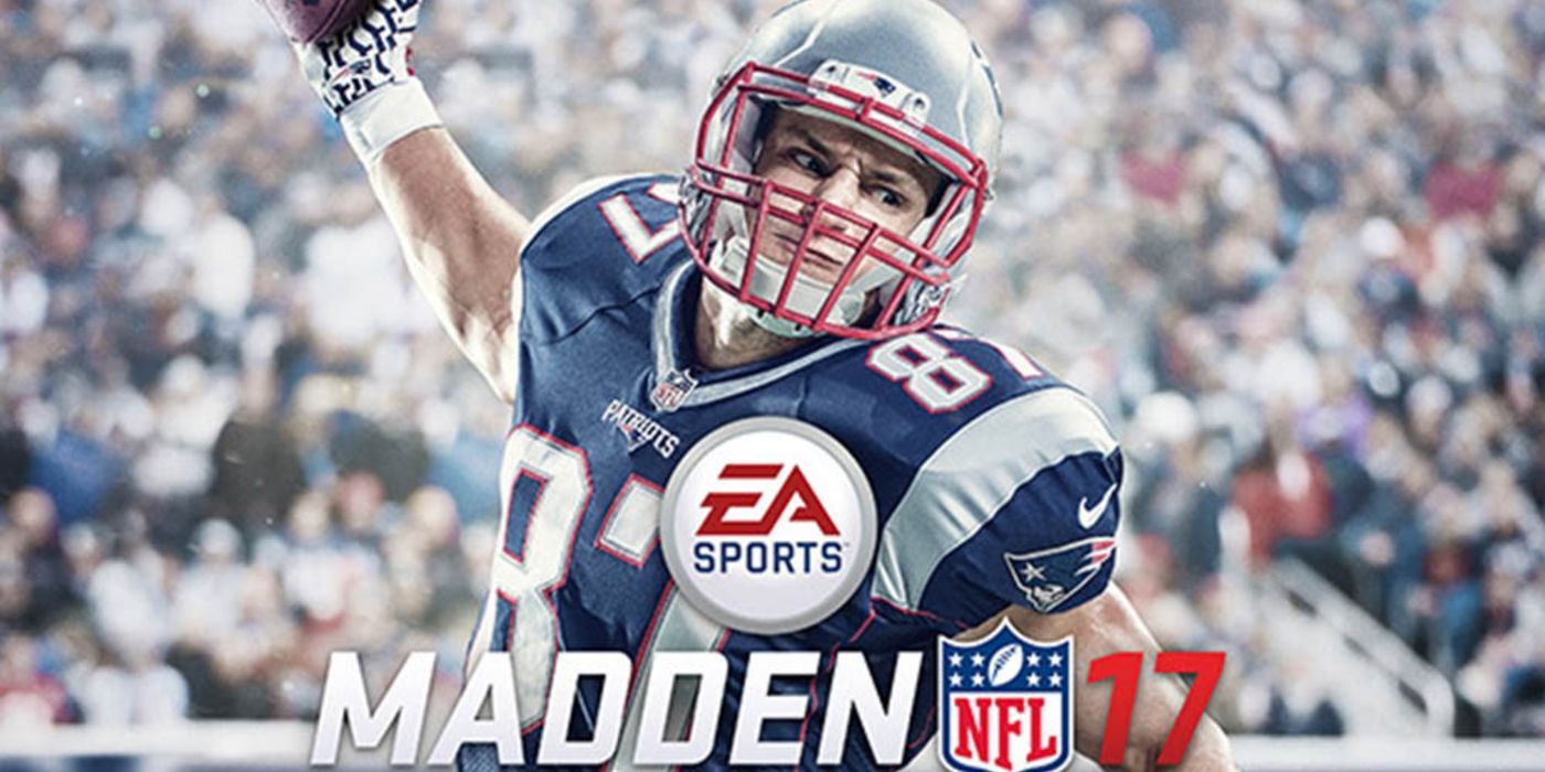 Rob Gronkowski prepares to spike the ball on Madden 17's cover