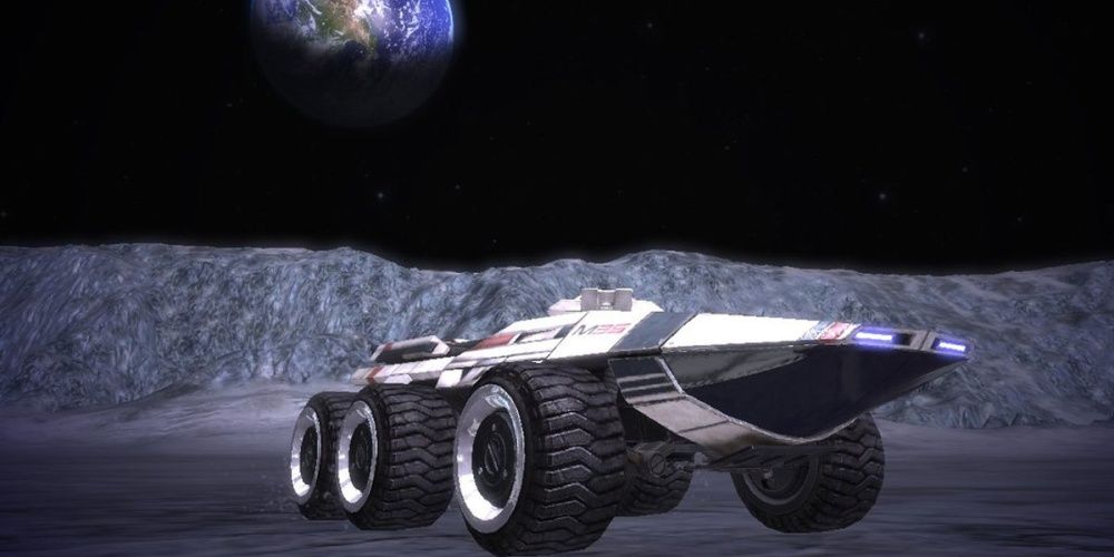 Mass Effect Mako Parked On The Moon With Earth Overhead
