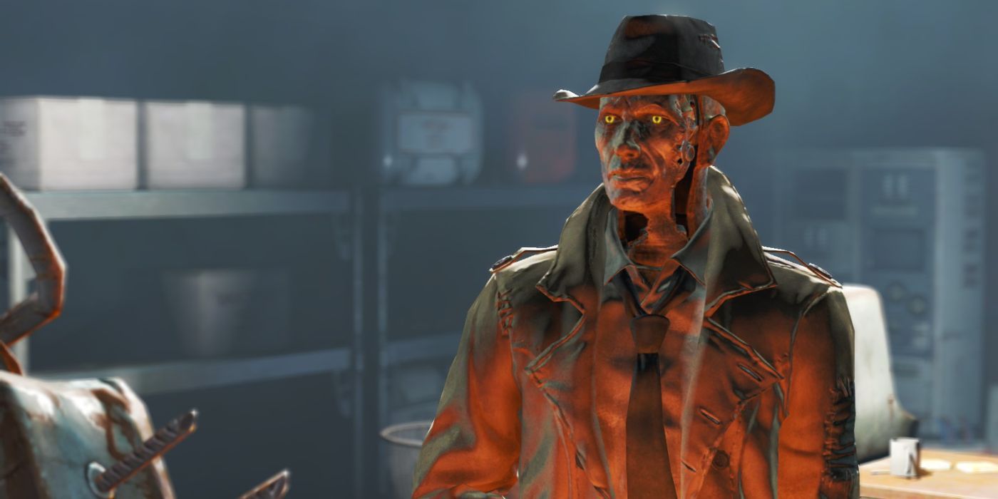 Nick Valentine in a coat and fedora