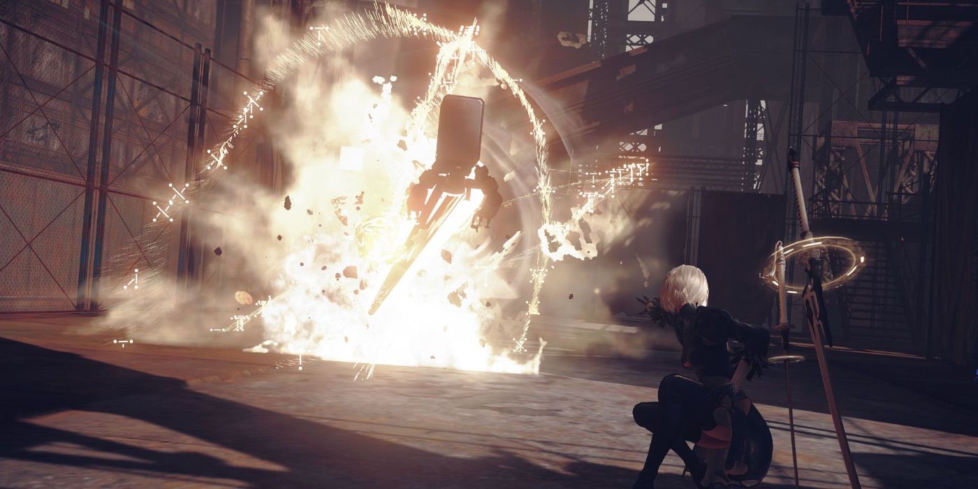 2B ordering her Pod to attack and explode a machine in Nier Automata