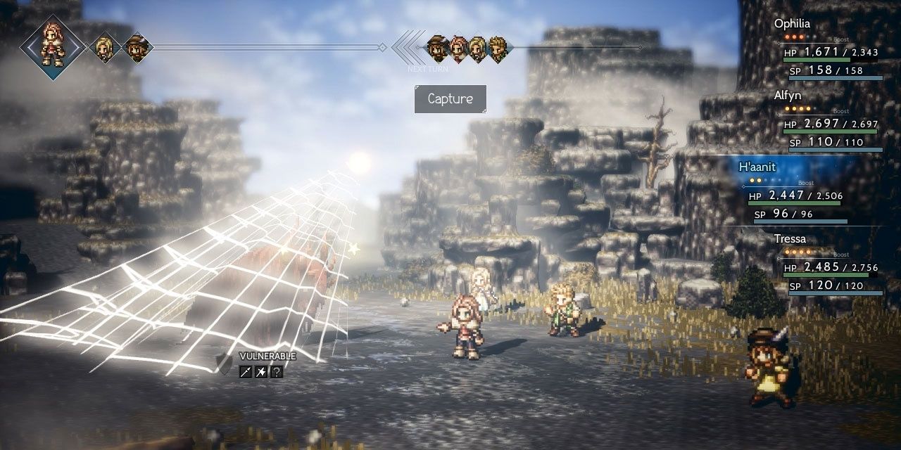 H'aanit captures an enemy in Octopath Traveler.
