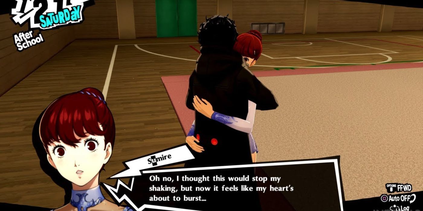 Joker hugs Sumire after the latter's gymnastics performance