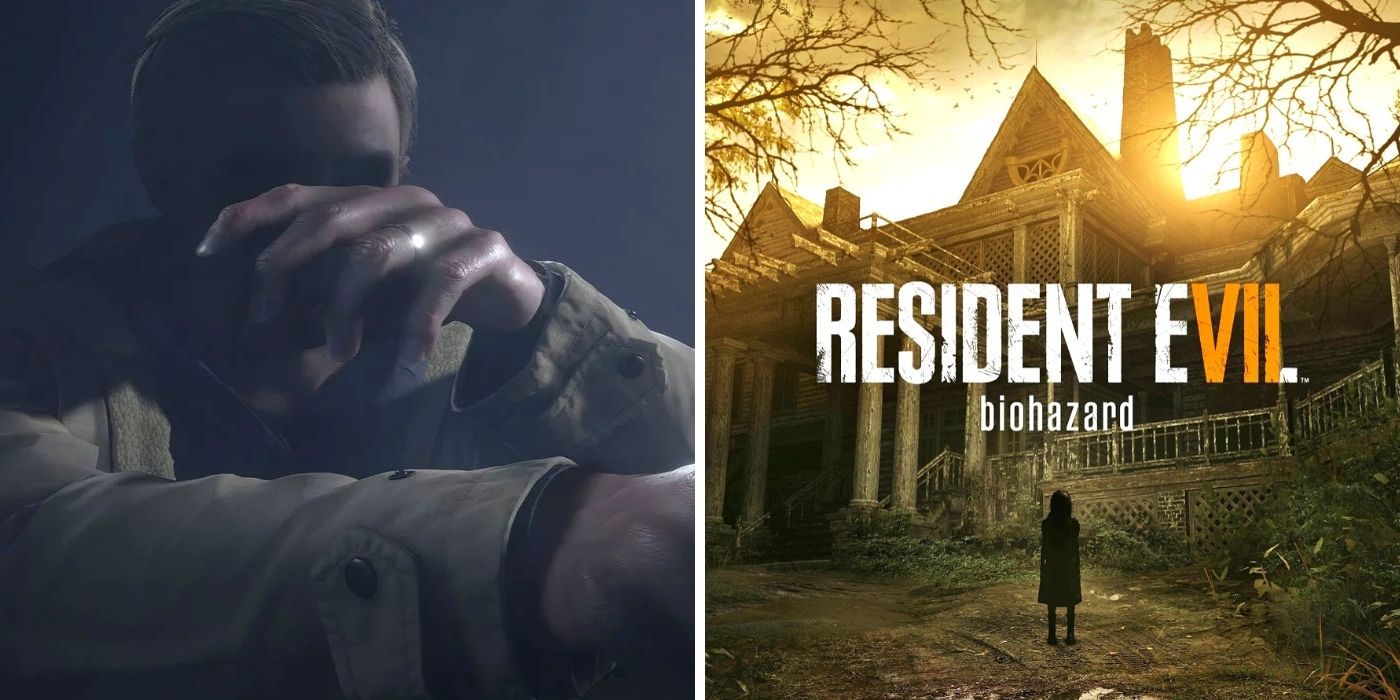 Resident Evil - Ethan Winters obscuring face - Resident Evil Biohazard logo and house