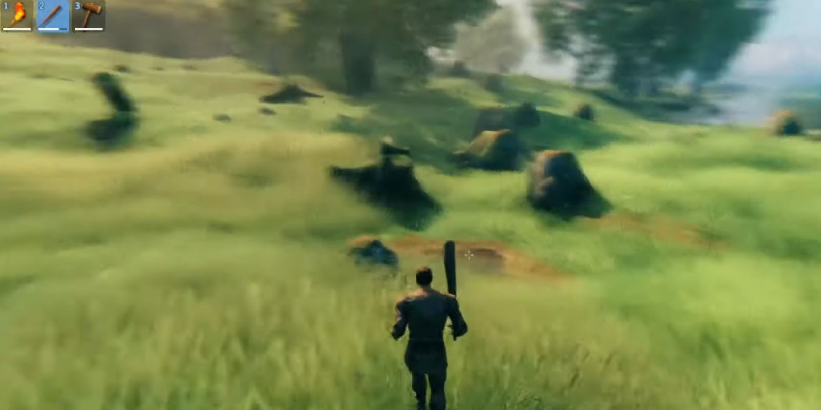 Valheim: character running over green fields