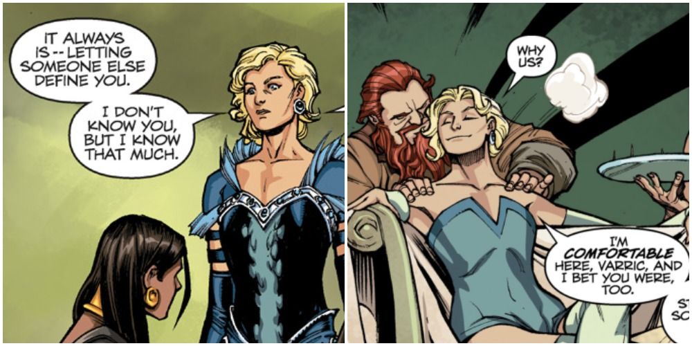 Dragon Age's Maevaris lectures a girl - Mae enjoys the illusion of hear dead husband