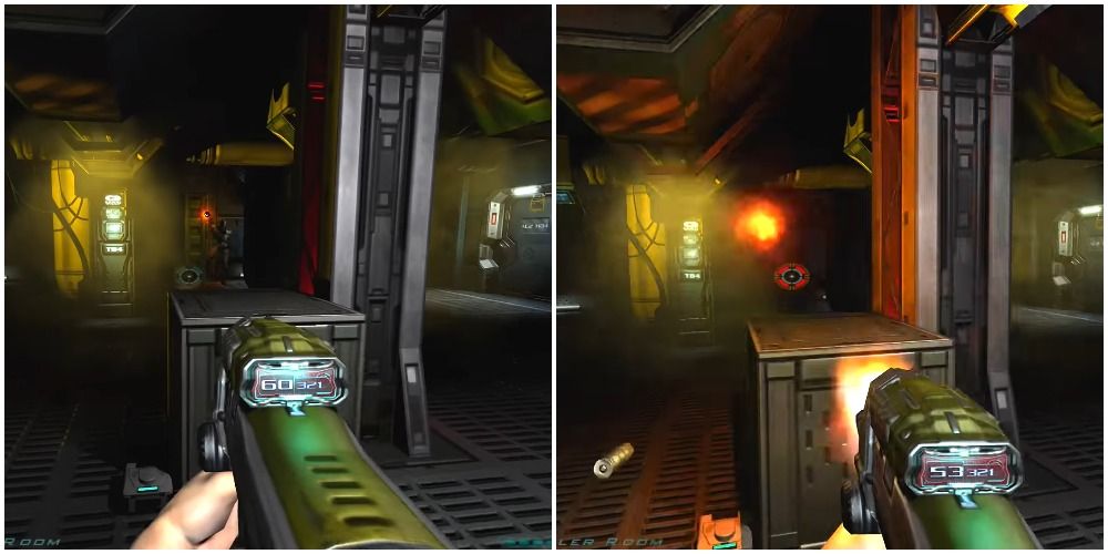Doom 3: Doom guy facing an imp who is throwing a fireball