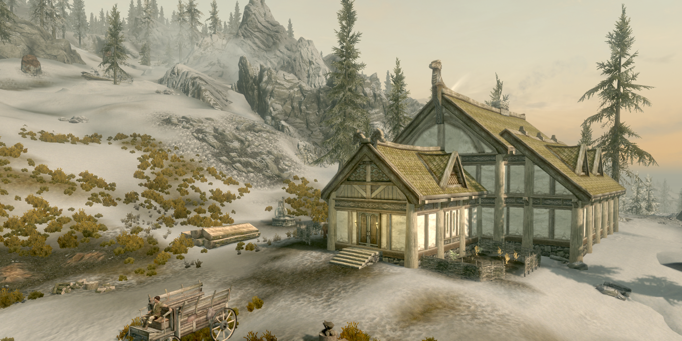 Heljarchen Hall in Skyrim during the early evening