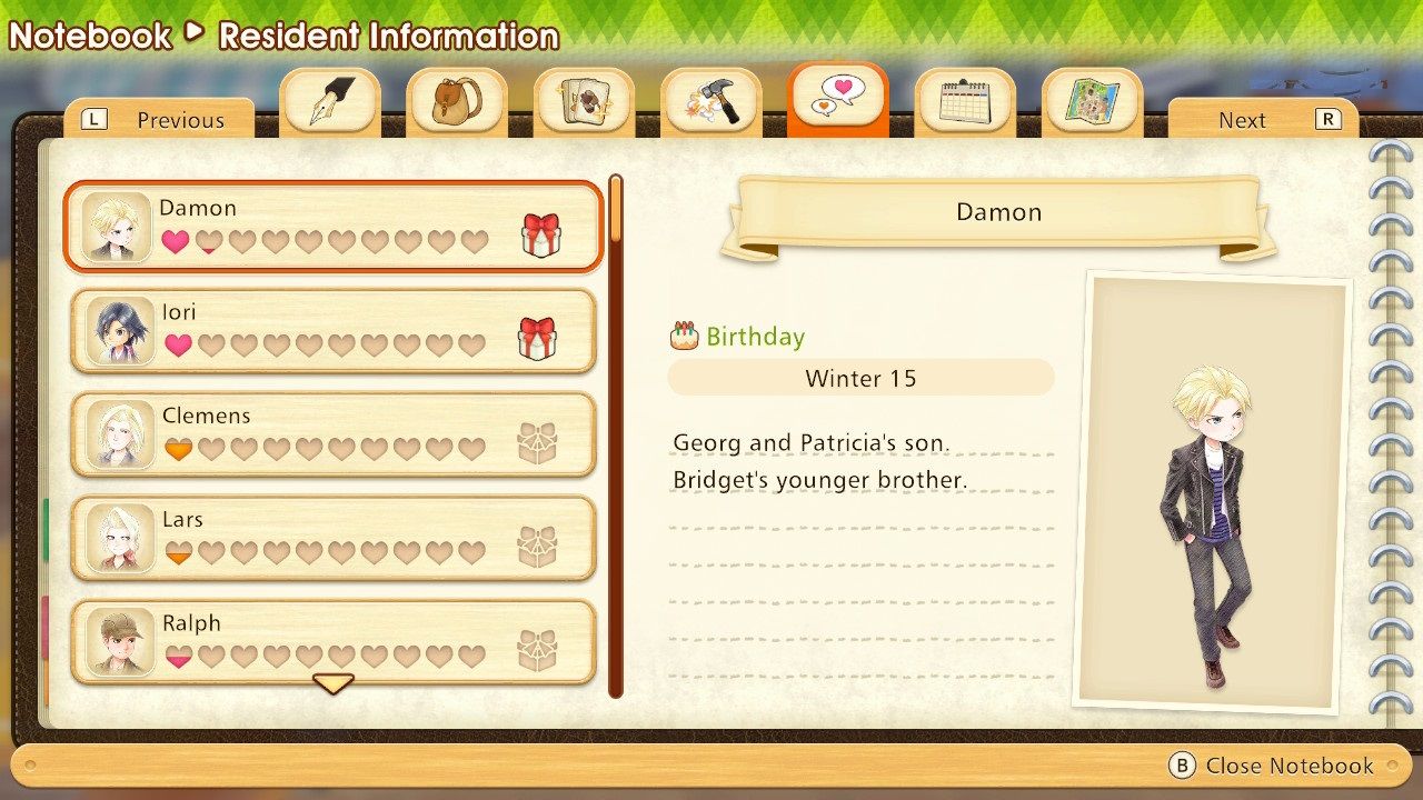 Story of Seasons Pioneers of Olive Town Resident Information menu