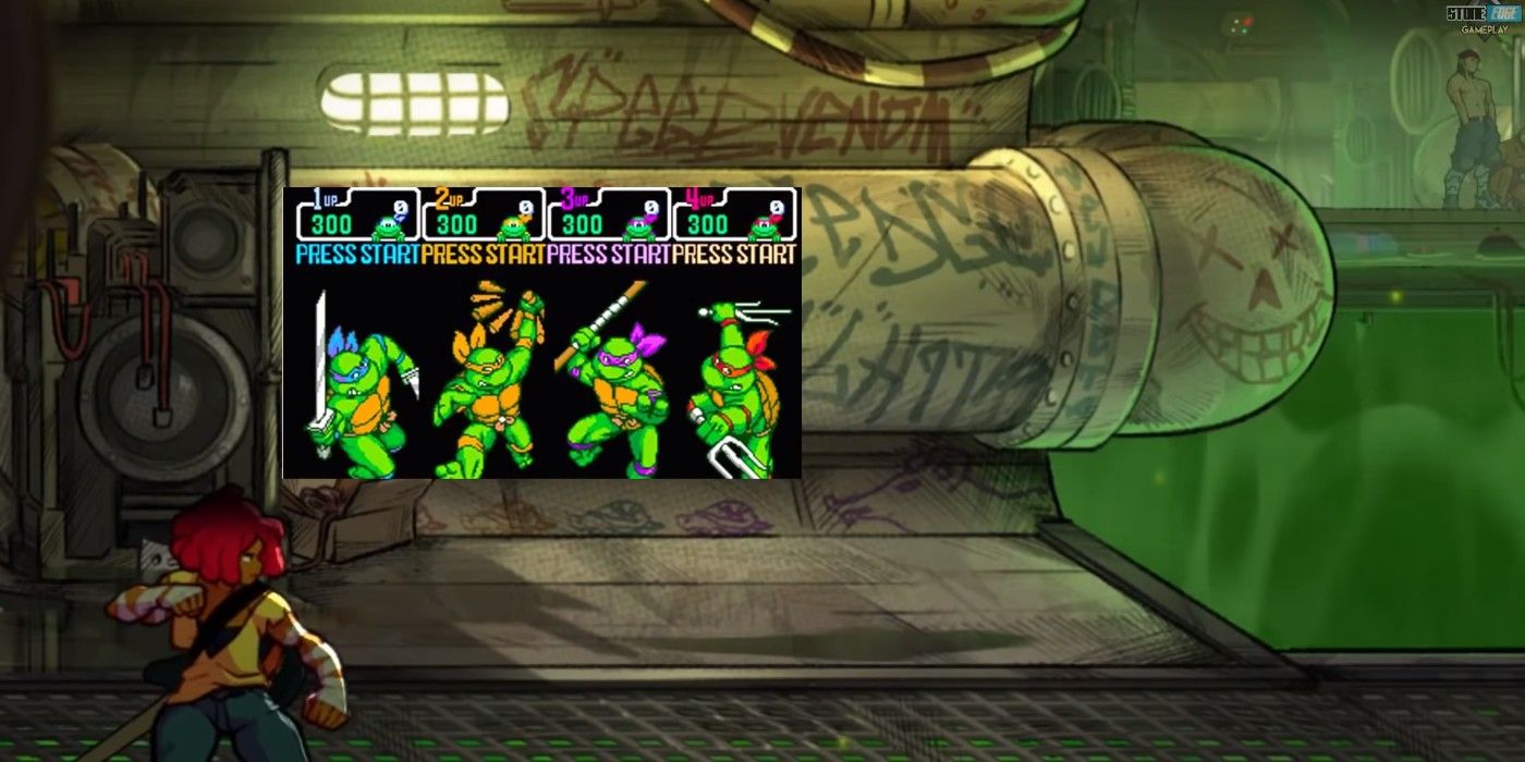 Streets of Rage 4 TMNT reference drawn in underground stage background spliced with Turtles in Time screen