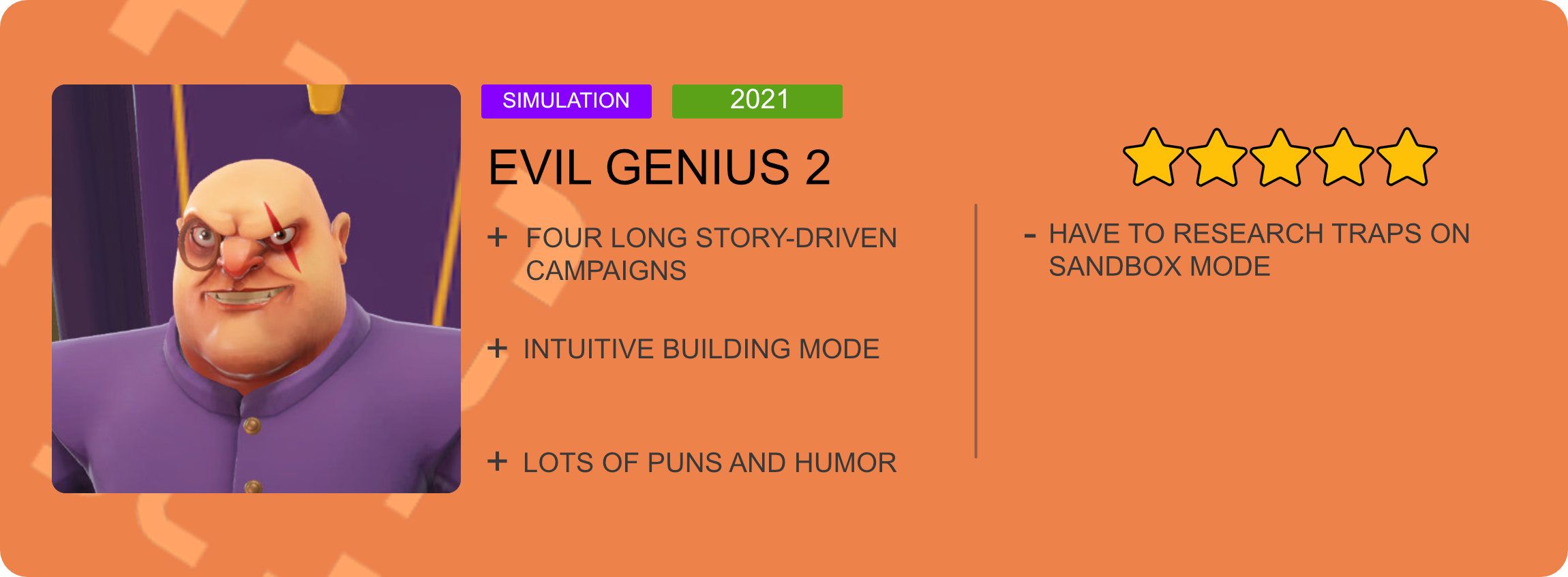 Review banner with pros and cons plus 5 star score