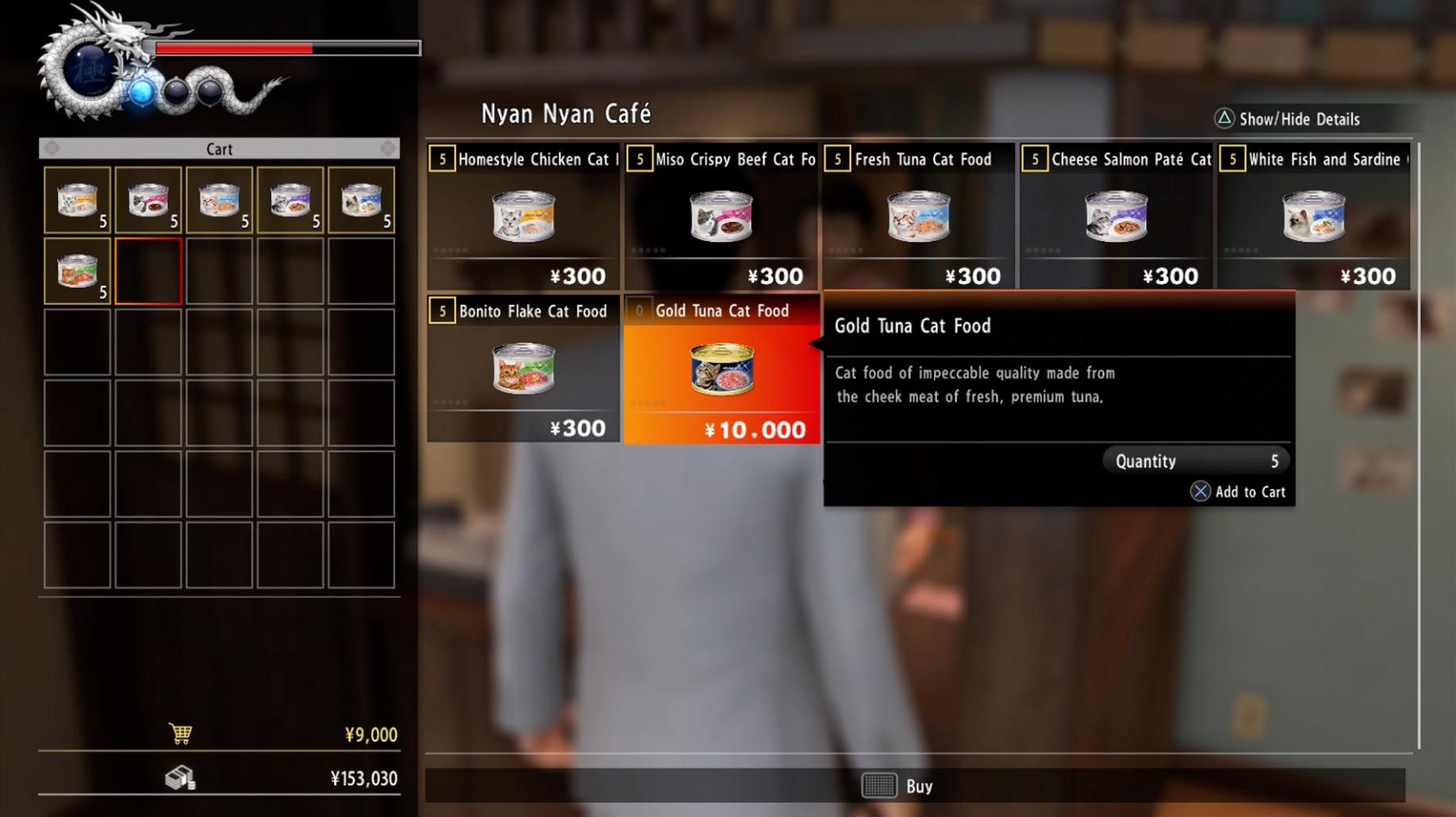 Yakuza 6 purchasing cat food from a vendor