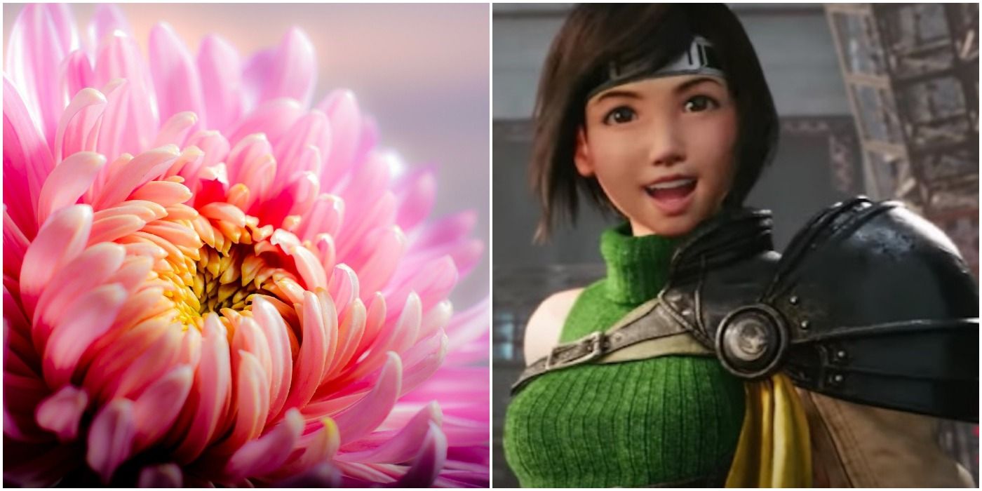 Yuffie Kisaragi from Final Fantasy 7 Remake and a chrysanthemum flower