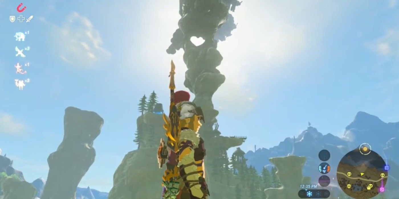Zelda Breath of the Wild sunlight shining through heart boulder holding up Rito Village