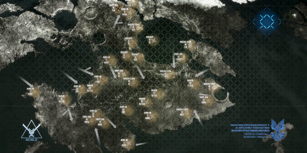 Auntie Dot displaying the map of a battle during the events of Halo: Reach