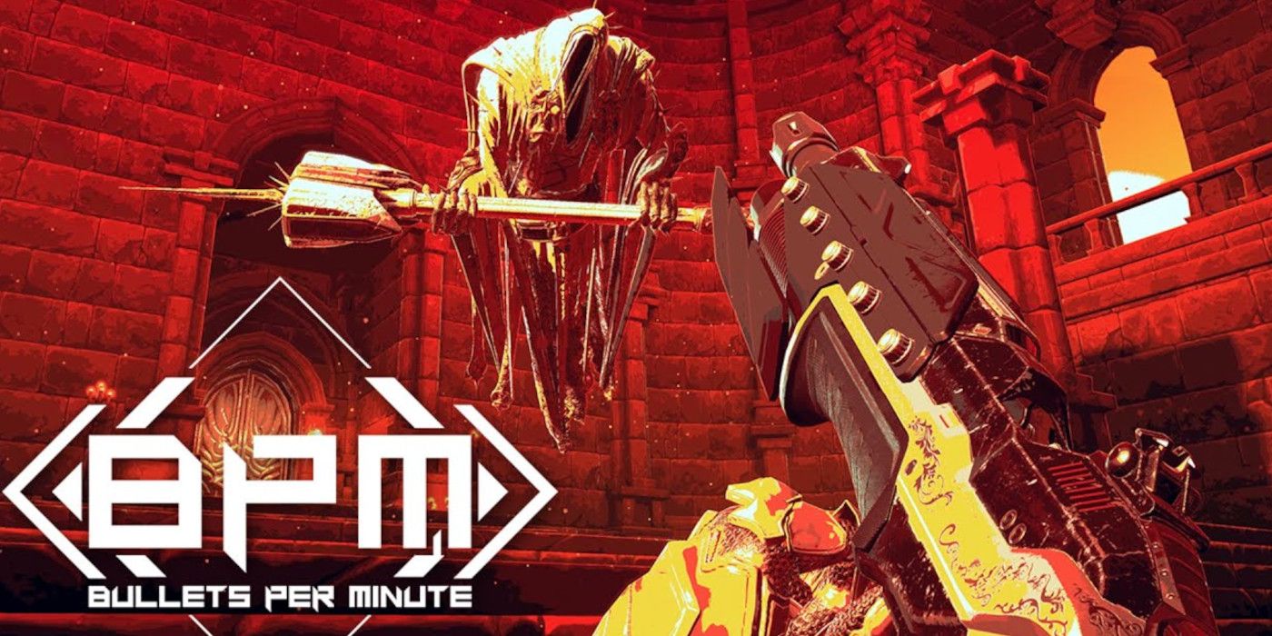 a still from the trailer of bullets per minute showing the player fighting a Death like figure