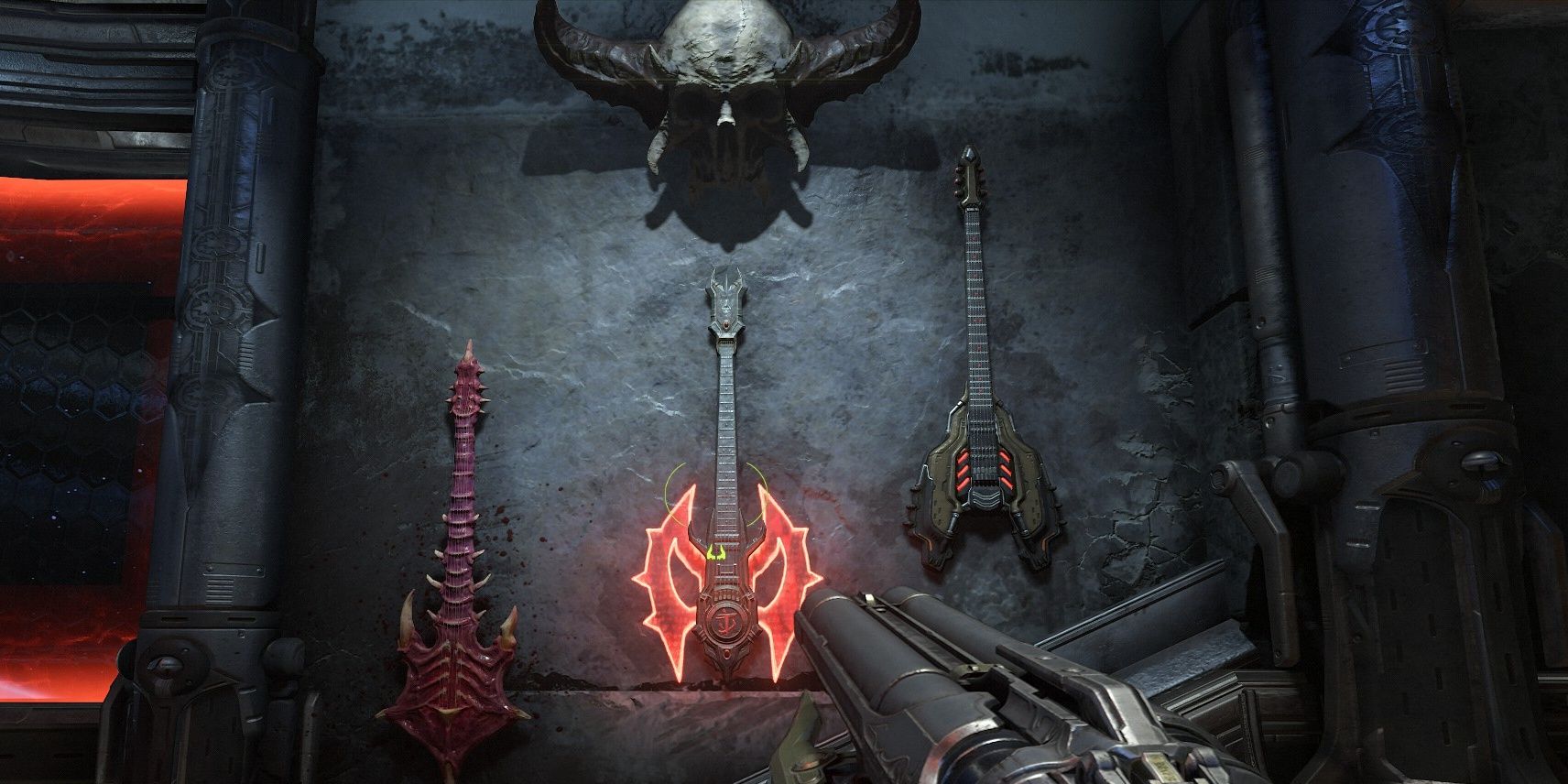 A display of electric guitars in Doom Eternal