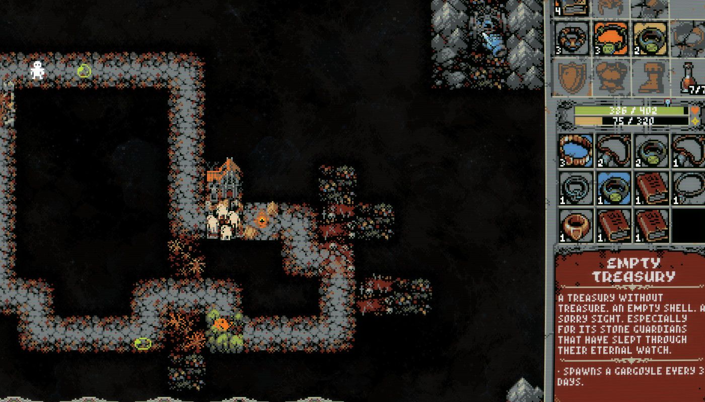 an empty treasury in loop hero, showign a description that states it will spawn a gargoyle every three days, a tough enemy