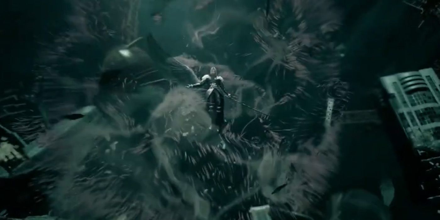 Sephiroth sprouts a single black wing in the third phase of the battle with him at the end of Final Fantasy VII Remake