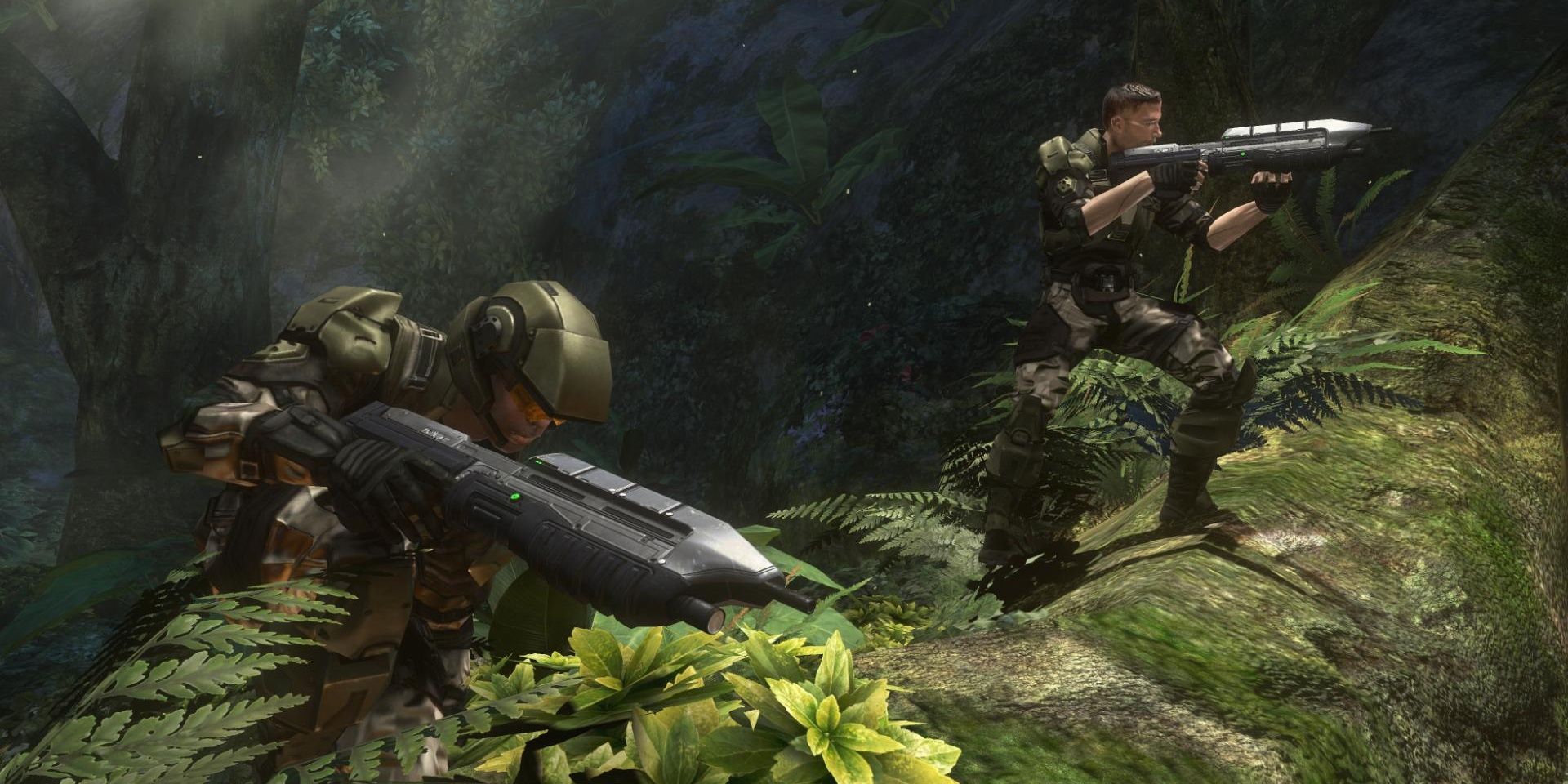 Halo 3 Marines moving through the jungle in the Sierra-117 level.