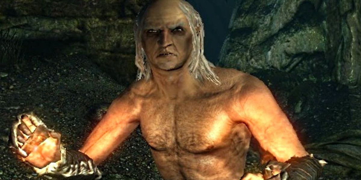 Hamelyn looks at the player menacingly in Skyrim