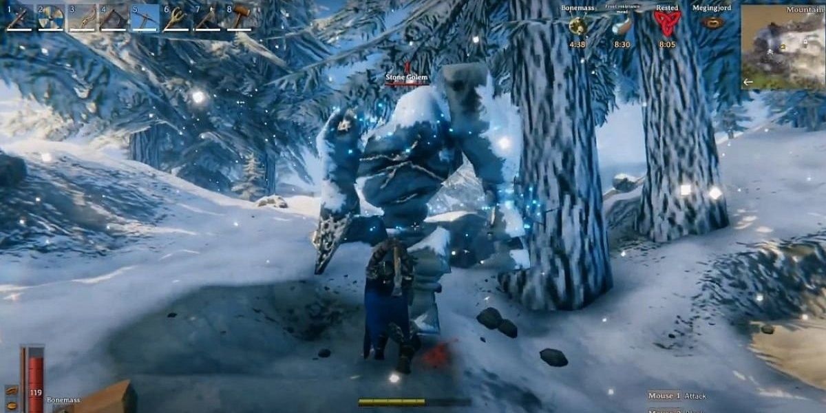 a player attacking a Stone Golem in Valheim