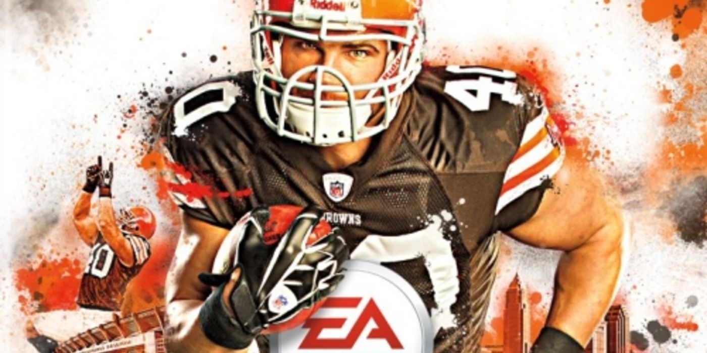 Cover art of Madden 12's cover with Peyton Hillis front and center