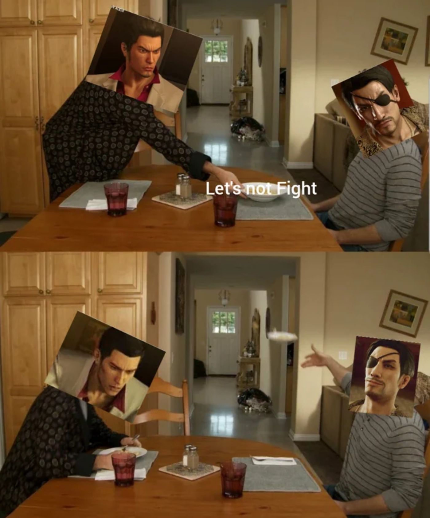 majima and kiryu from yakuza in a dinner table meme