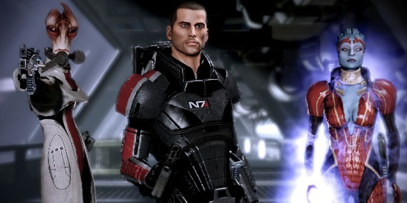 Mordin (left), Shepard (middle) and Samara in ME2