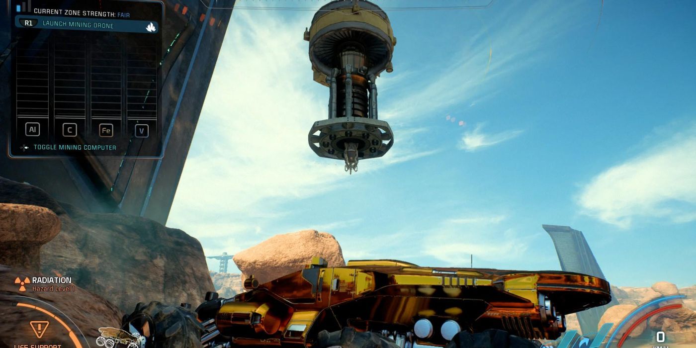 The Nomad sits below a mining drone as it mines