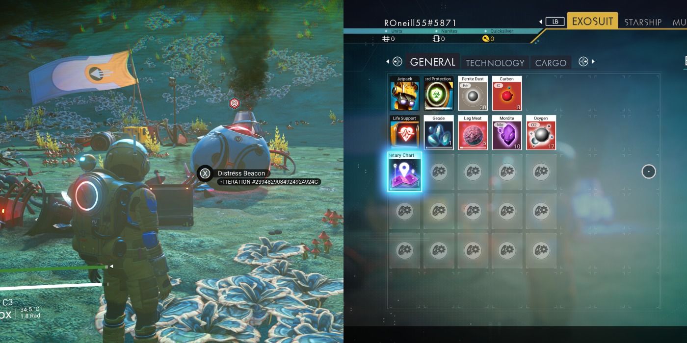 Distress Beacon and Planetary Chart in No Man's Sky