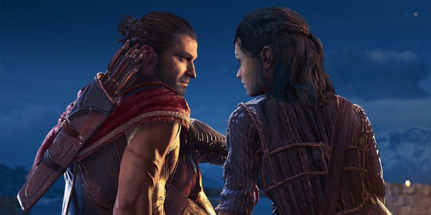 Assassin's Creed Odyssey screenshot of Eagle Bearer Alexios enjoys a quiet moment with Kyra at night in front of a fire.