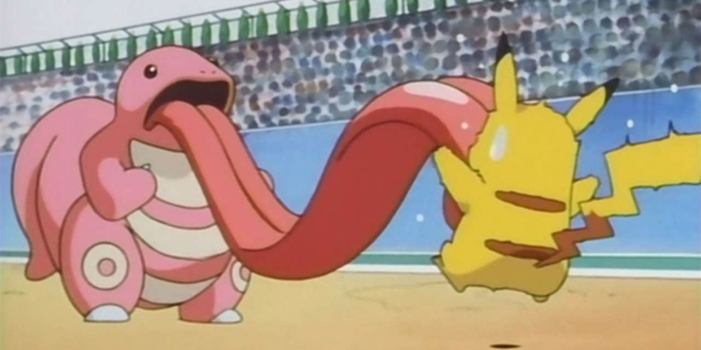 Lickitung attacking Pikachu in Pokemon anime