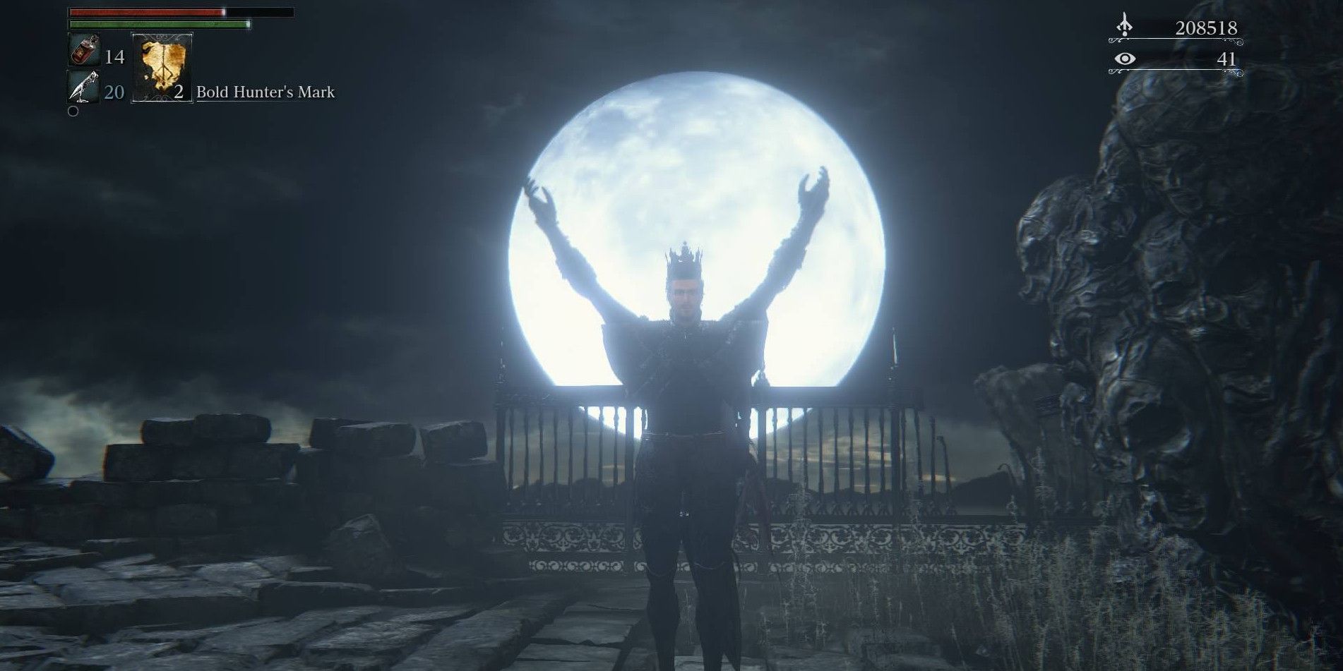 a hunter praising the moon in bloodborne