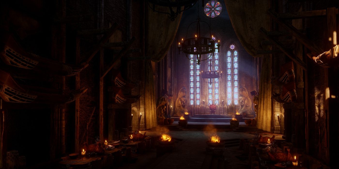 Throne room in Skyhold in Dragon Age Inquisition.