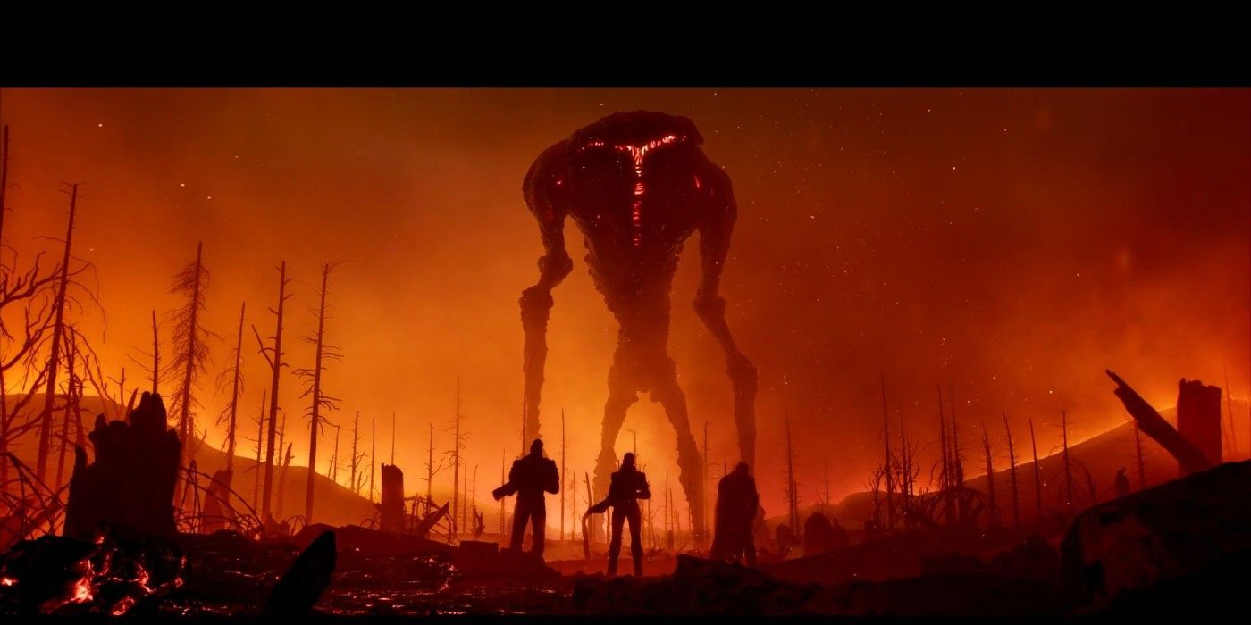team standing in front of a boss