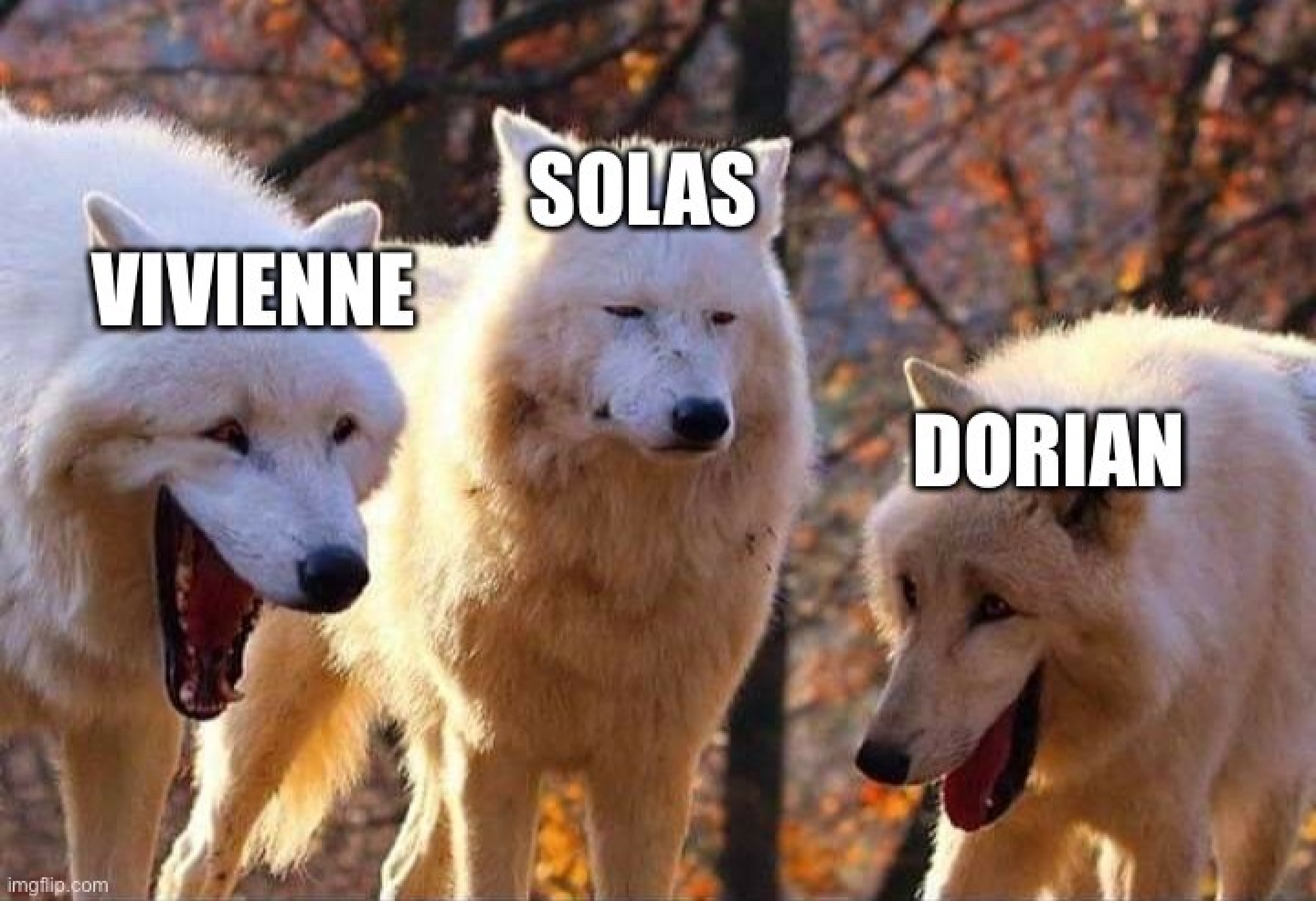Vivienne, Dorian, and Solas as wolves.