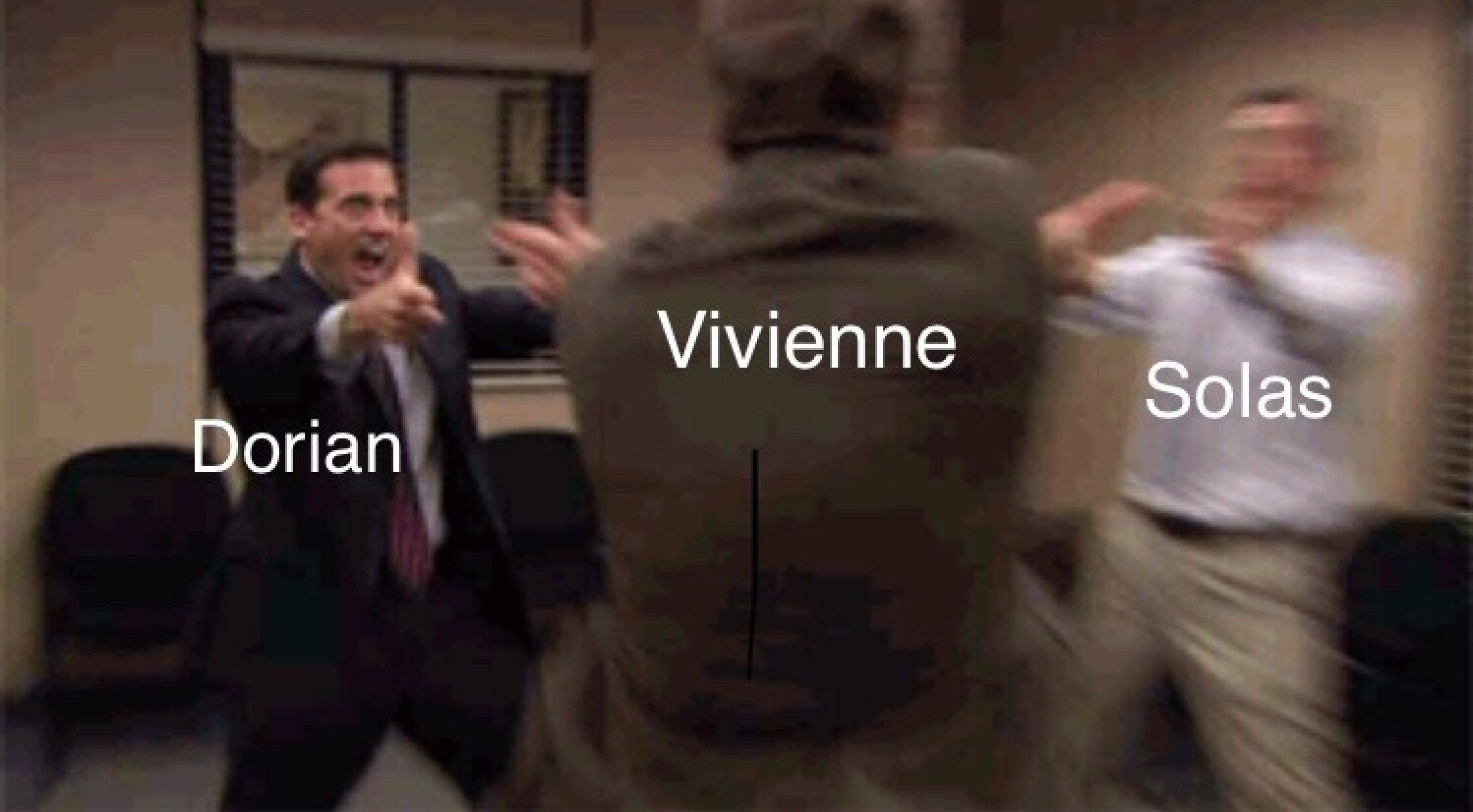 Vivienne, Dorian, and Solas in The Office gun-hands meme.