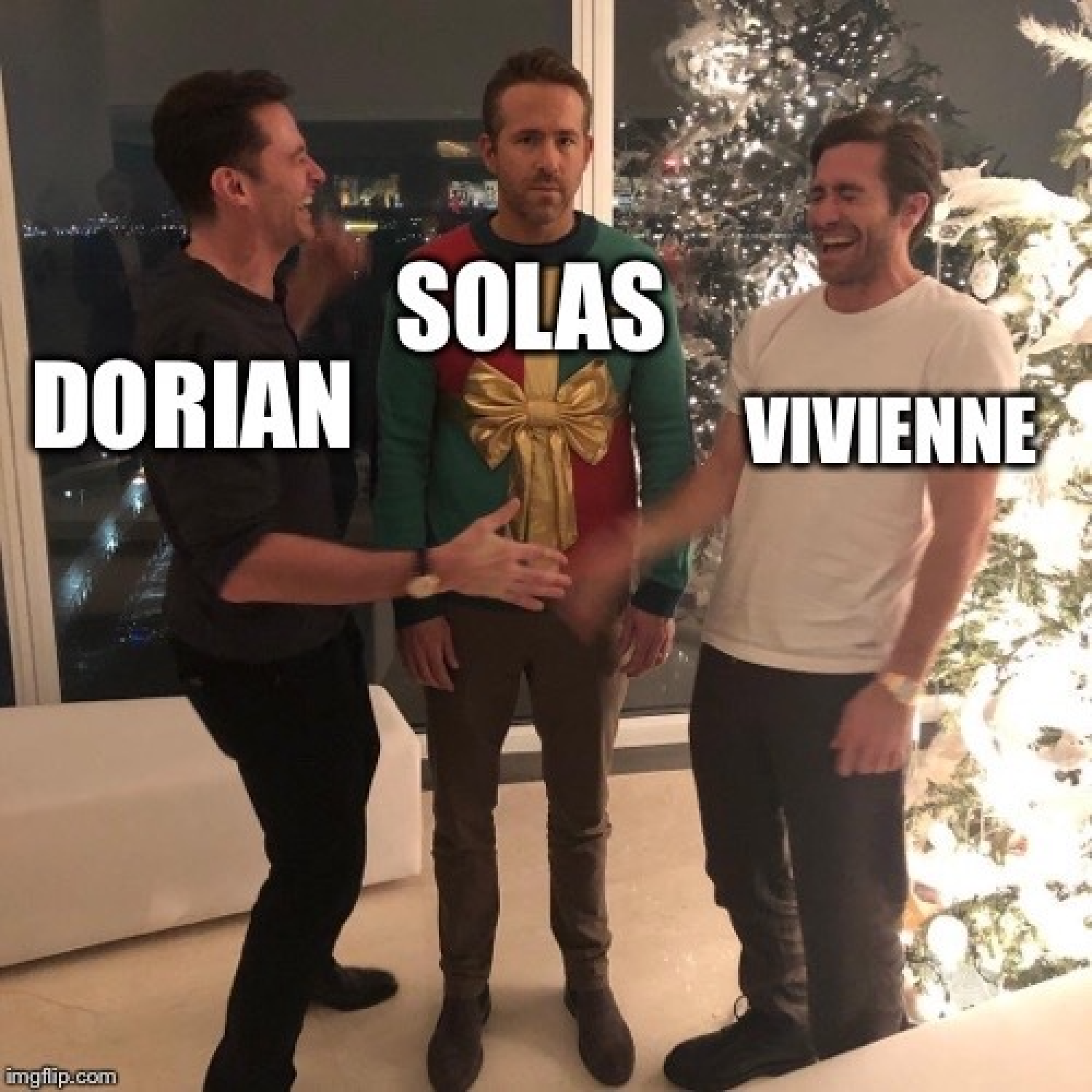 Dorian, Solas, and Vivenne handshake meme.