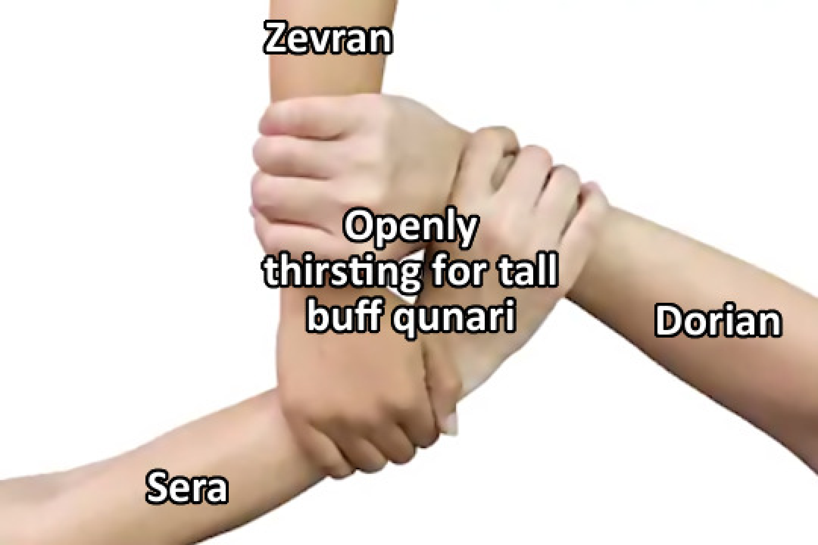 Thristing for qunari hand holding meme between Dorian, Zevran, and Sera.