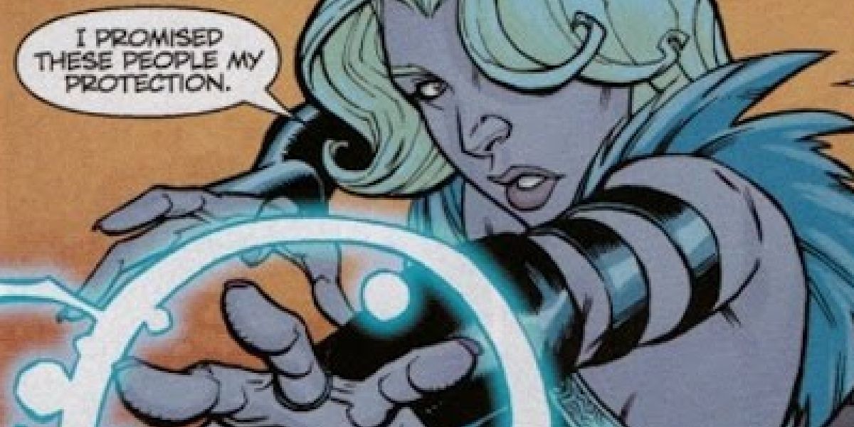 Maevaris from the comics casting magic.