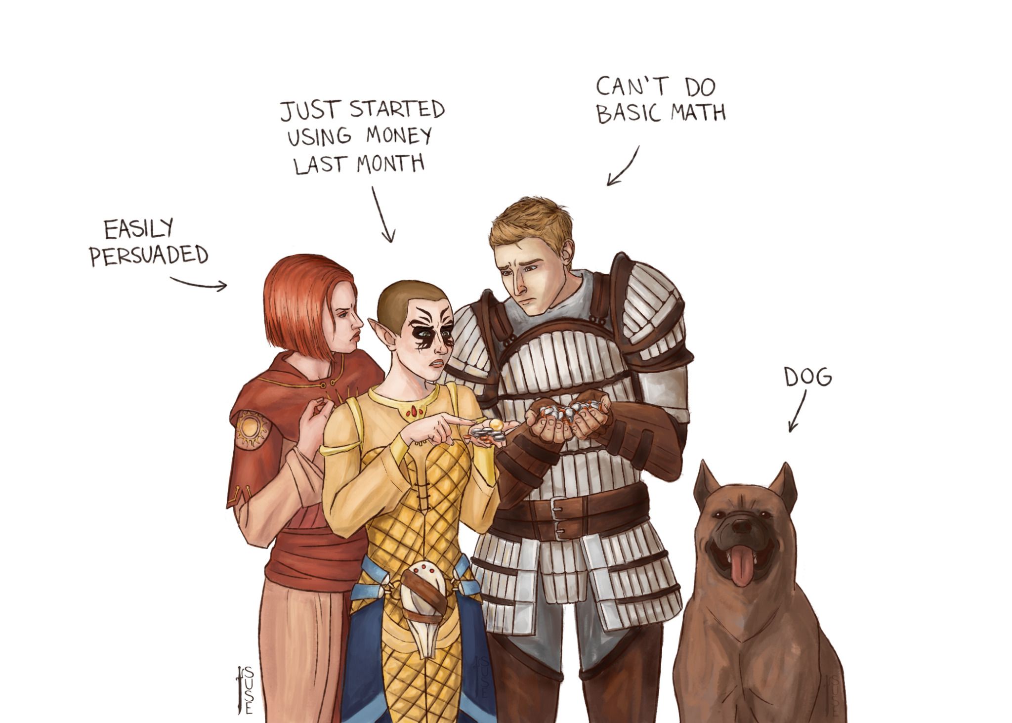 Dragon Age Meme of Alistair and Teammates with Money