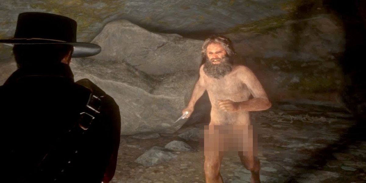 The feral man charges at Arthur in Red Dead Redemption 2